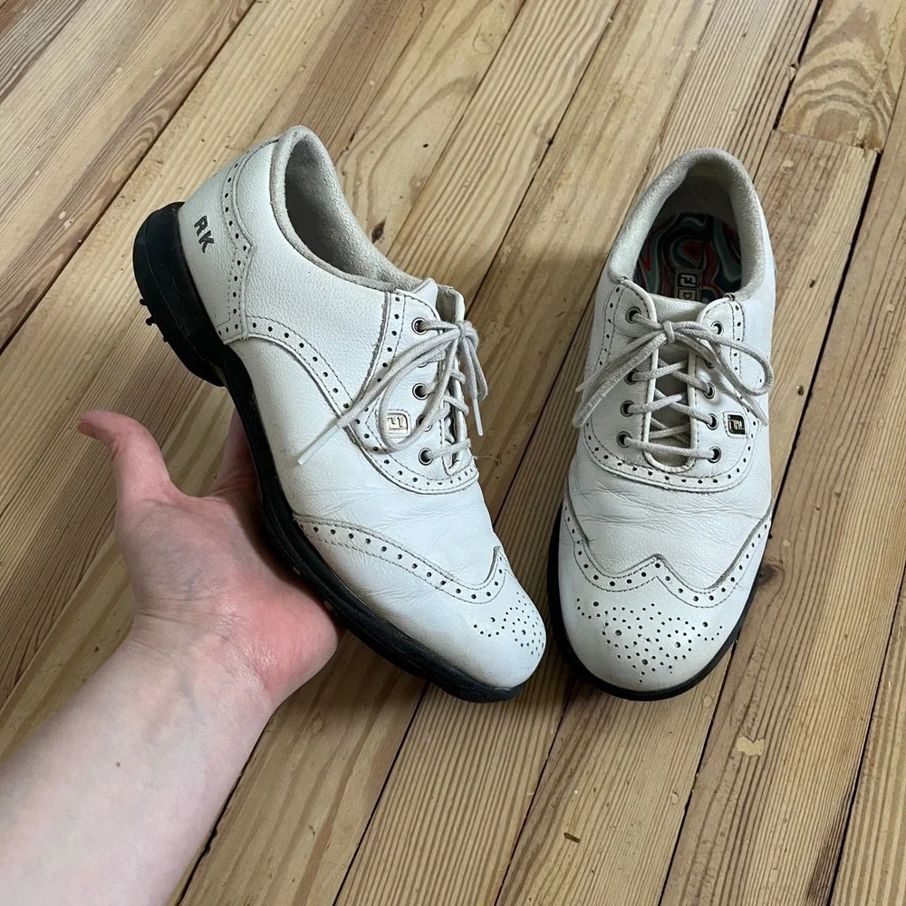 FootJoy DryJoys women 7 White Leather Wingtip Golf Shoes Brogue Cleats RK lowpro